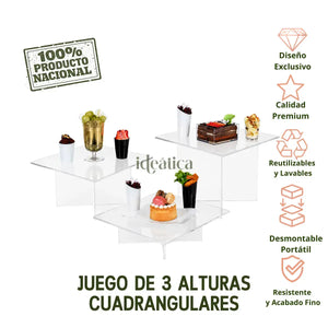 Juego de 3 Alturas Cuadrangulares para Cupcakes Postres y Catering Armable Acrilico IA