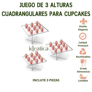 Juego de 3 Bases Alturas para Cupcakes o Postres Cuadrangulares de Acrilico Catering 24, 17 Y 10 cm IA
