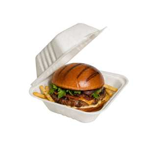 Mini Contenedor Tipo Almeja con Bisagra Biodegradable Compostable para Alimentos o Comida Cuadrangular  - ( 20 Pzas / 100 Pzas )
