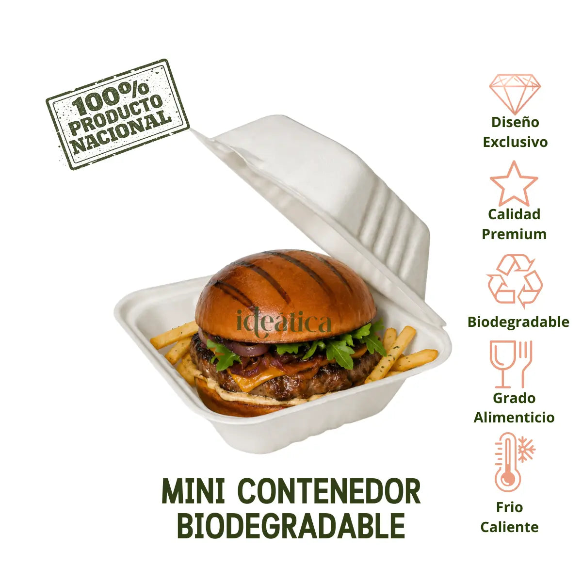 Mini Contenedor Tipo Almeja con Bisagra Biodegradable Compostable para Alimentos o Comida Cuadrangular  - ( 20 Pzas / 100 Pzas )