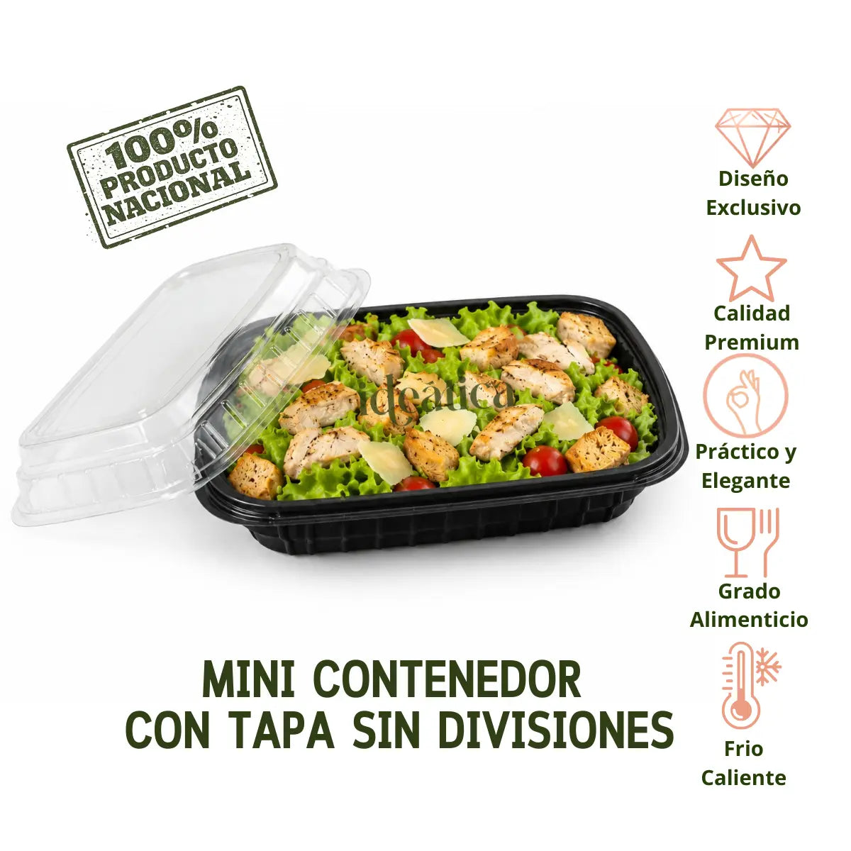 Mini Contenedor con Tapa para Alimentos, Ensaladas o Comida Plastico sin Divisiones Rectangular  - 100 Pzas