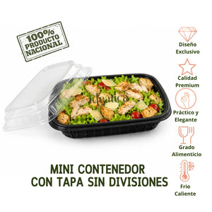 Mini Contenedor con Tapa para Alimentos, Ensaladas o Comida Plastico sin Divisiones Rectangular  - 100 Pzas