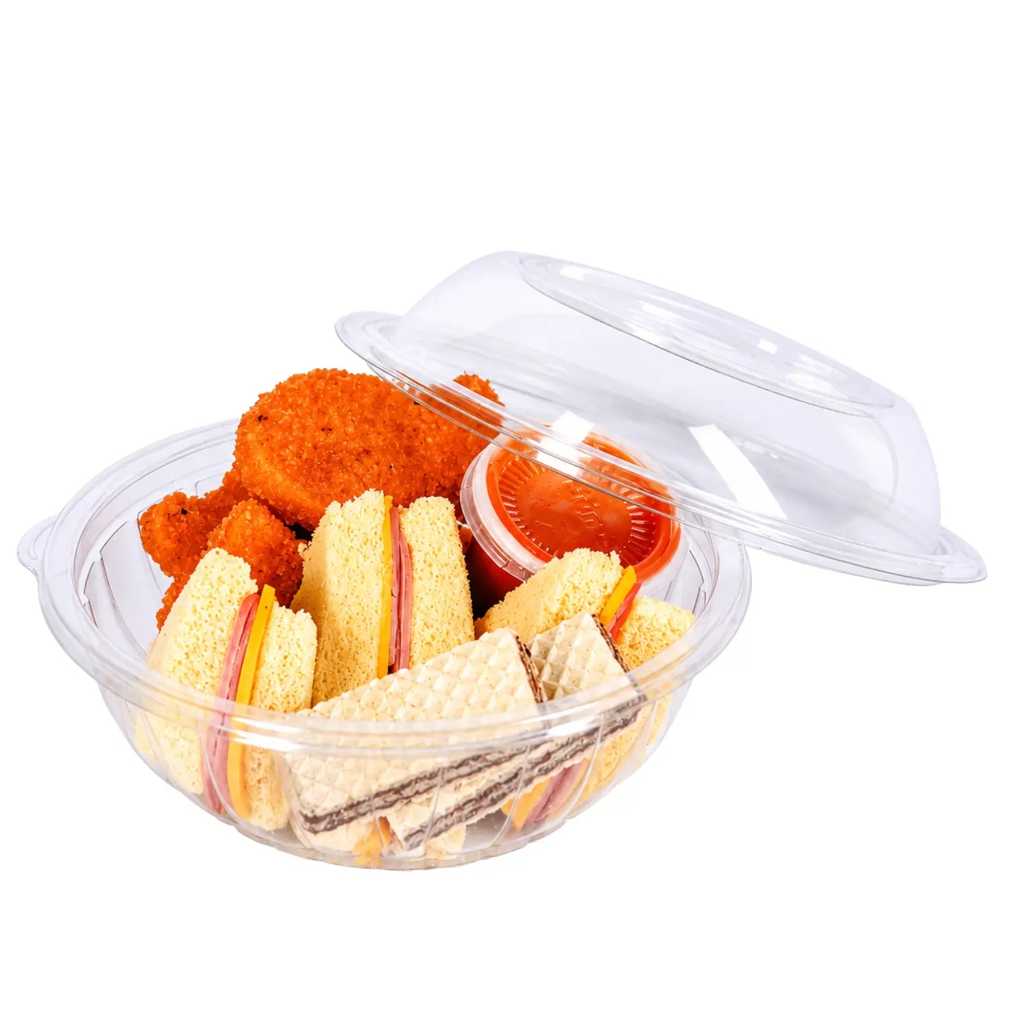 Mini Esfera Bowl Contenedor con Tapa para Alimentos, Ensaladas, Snacks o Comida Plastico 12 Oz - 100 Pzas