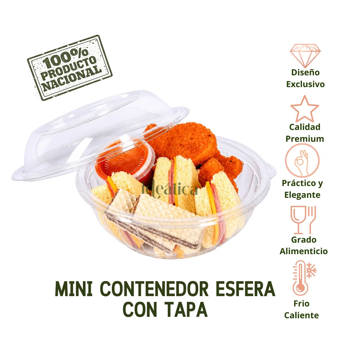 Mini Esfera Bowl Contenedor con Tapa para Alimentos, Ensaladas, Snacks o Comida Plastico 12 Oz - 100 Pzas
