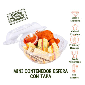 Mini Esfera Bowl Contenedor con Tapa para Alimentos, Ensaladas, Snacks o Comida Plastico 12 Oz - 100 Pzas