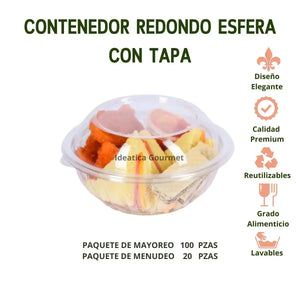 Mini Esfera Bowl Contenedor con Tapa para Alimentos, Ensaladas, Snacks o Comida Plastico  - ( 20 Pzas / 100 Pzas ) IN