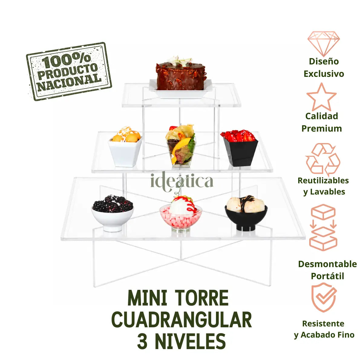 Mini Torre Cuadrangular 3 Niveles para Cupcakes Postres y Catering  Acrilico