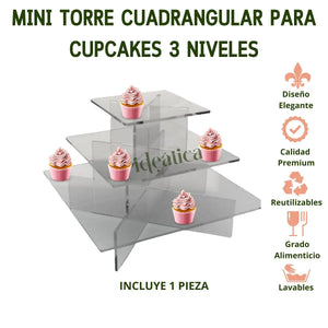 Mini Torre o Base para Cupcakes y Postres Cuadrangular de Acrilico Candy Bar Catering 3 Niveles IA