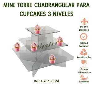 Mini Torre o Base para Cupcakes y Postres Cuadrangular de Acrilico Catering 3 Niveles IA