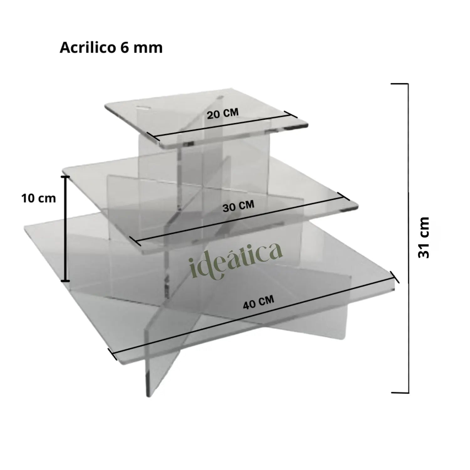 Mini Torre o Base para Cupcakes y Postres Cuadrangular de Acrilico Candy Bar Catering 3 Niveles IA