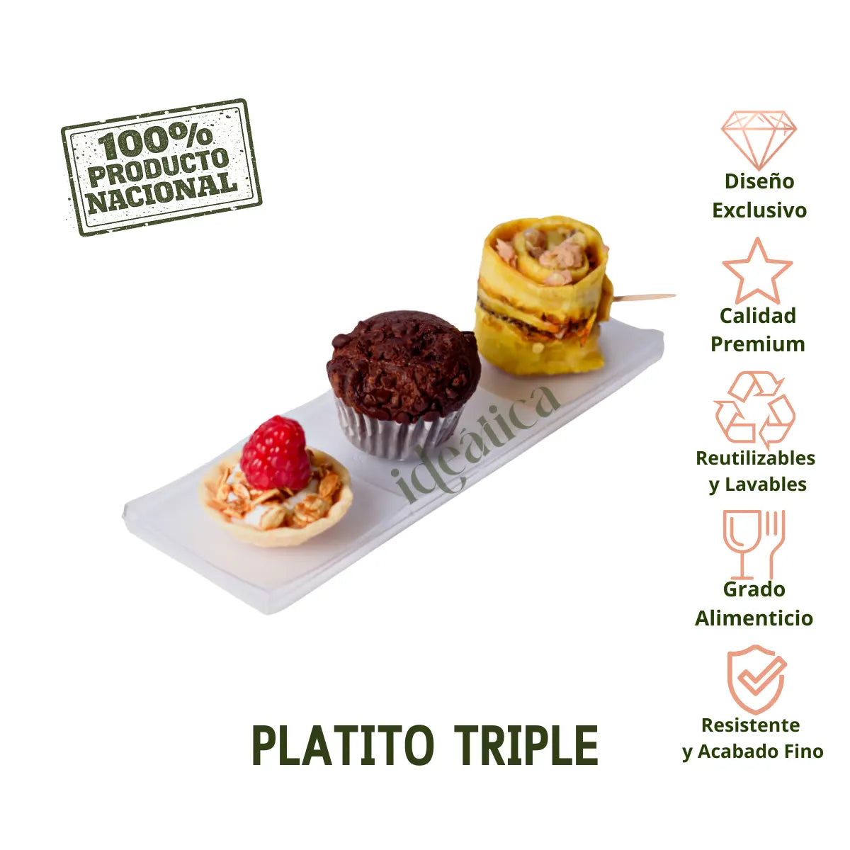 Platito Canape para Postre Triple Re-utilizable Candy Bar Catering 100 pzas IA