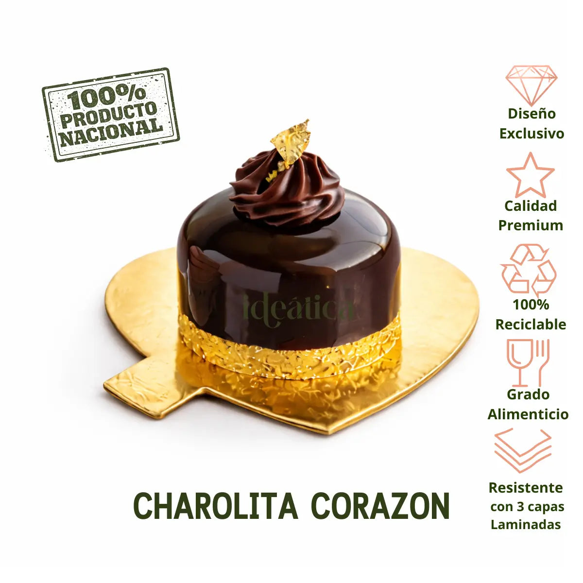 Platito Charolita o Base Corazon con Asa de Carton Laminado para Canapes o Postres Catering 50 pzas RP
