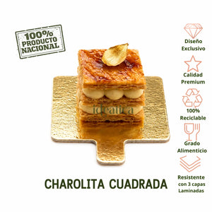 Platito Charolita o Base Cuadrado con Asa de Carton Laminado para Canapes o Postres Catering 50 pzas