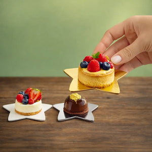 Platito Charolita o Base Estrella con Asa de Carton Laminado para Canapes o Postres Catering 50 pzas