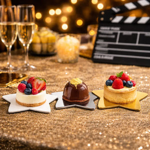 Platito Charolita o Base Estrella con Asa de Carton Laminado para Canapes o Postres Catering 50 pzas