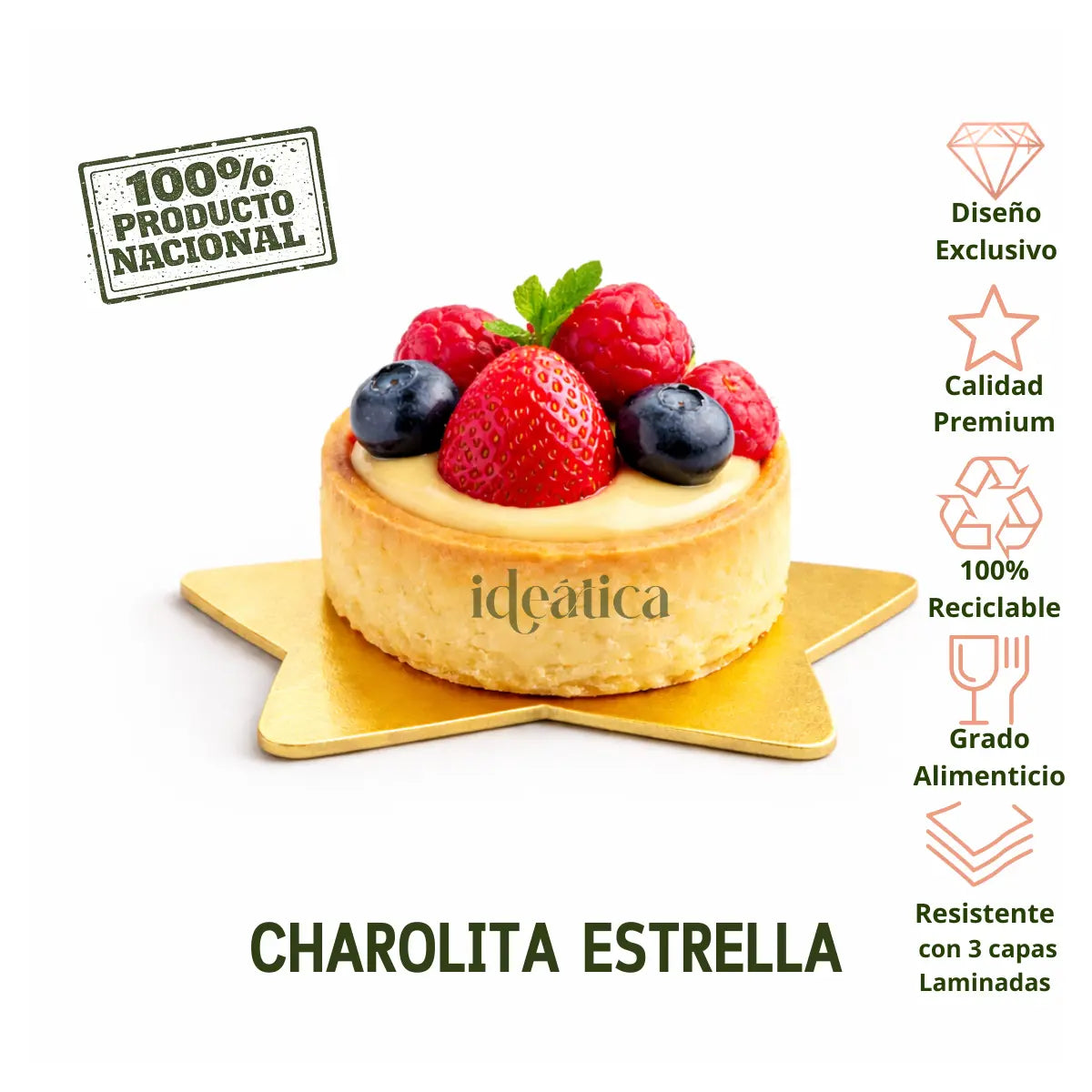 Platito Charolita o Base Estrella con Asa de Carton Laminado para Canapes o Postres Catering 50 pzas