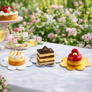 Platito Charolita o Base Flor con Asa de Carton Laminado para Canapes o Postres Catering 50 pzas RP