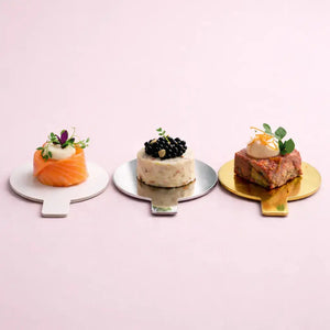 Platito Charolita o Base Redonda con Asa de Carton Laminado para Canapes o Postres Catering 50 pzas RP