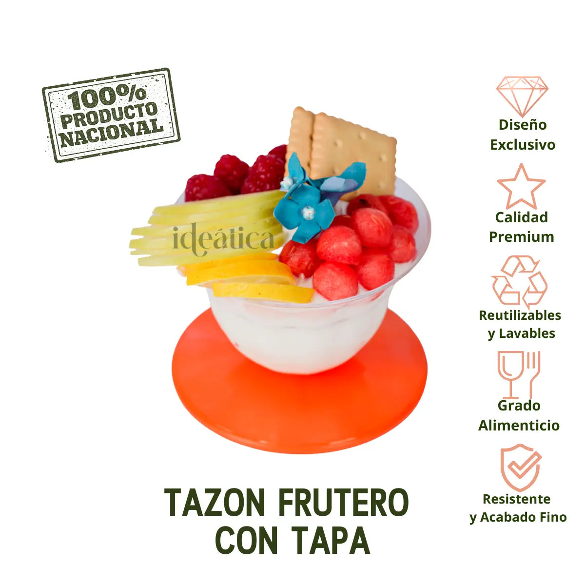 Tazon Frutero con Base-Tapa Naranja Re-utilizable Candy Bar Catering 12.5 Oz 80 pzas IA