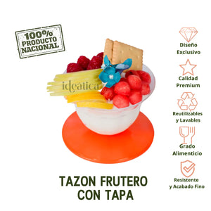 Plato Tazon Frutero para Comida Postres o Botana con Base Tapa Naranja Re-utilizable Plastico Catering - 12.5 Oz / 370 ml ( 40 Pzas / 80 Pzas )