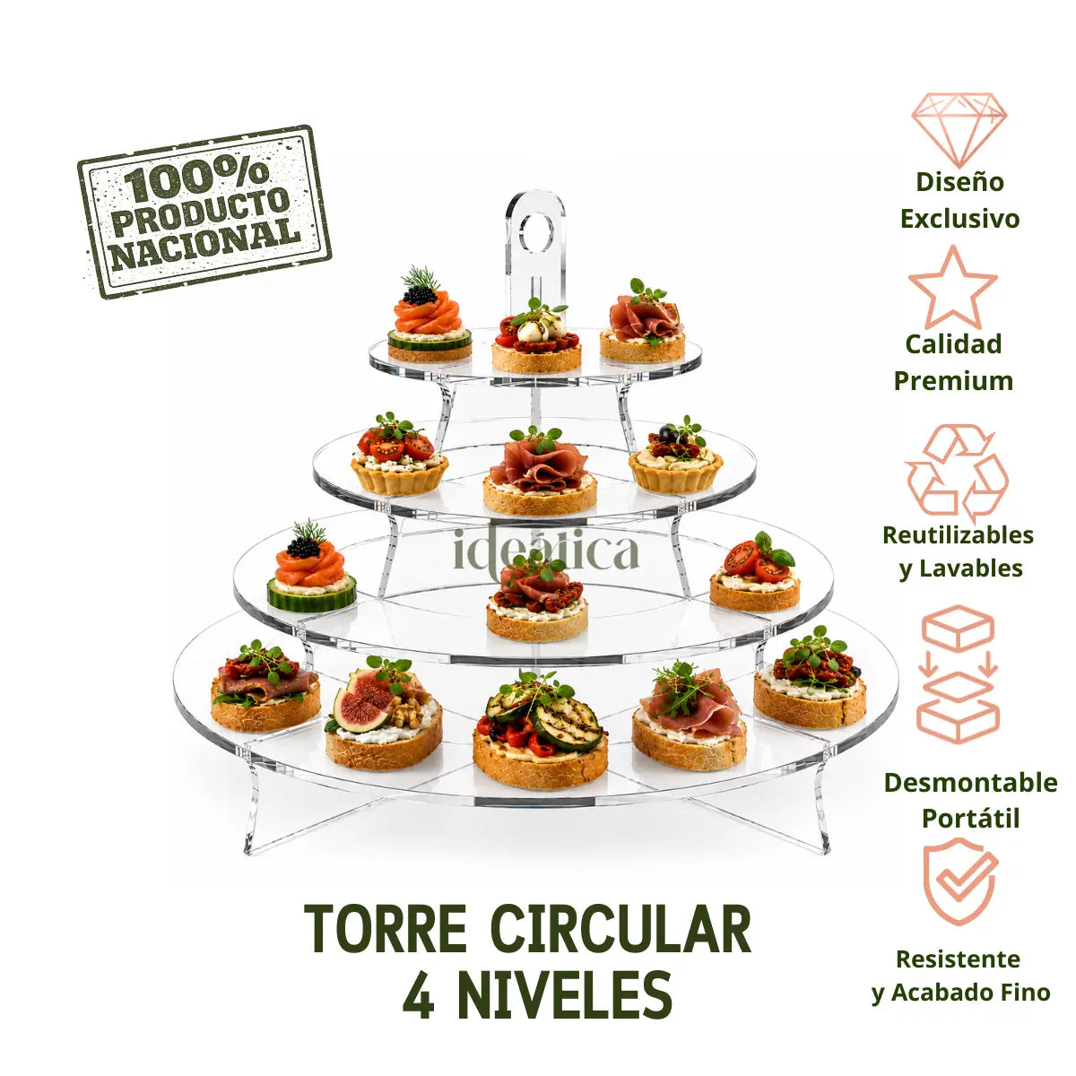 Torre Display Circular 4 Niveles para Cupcakes y Catering Armable Acrilico