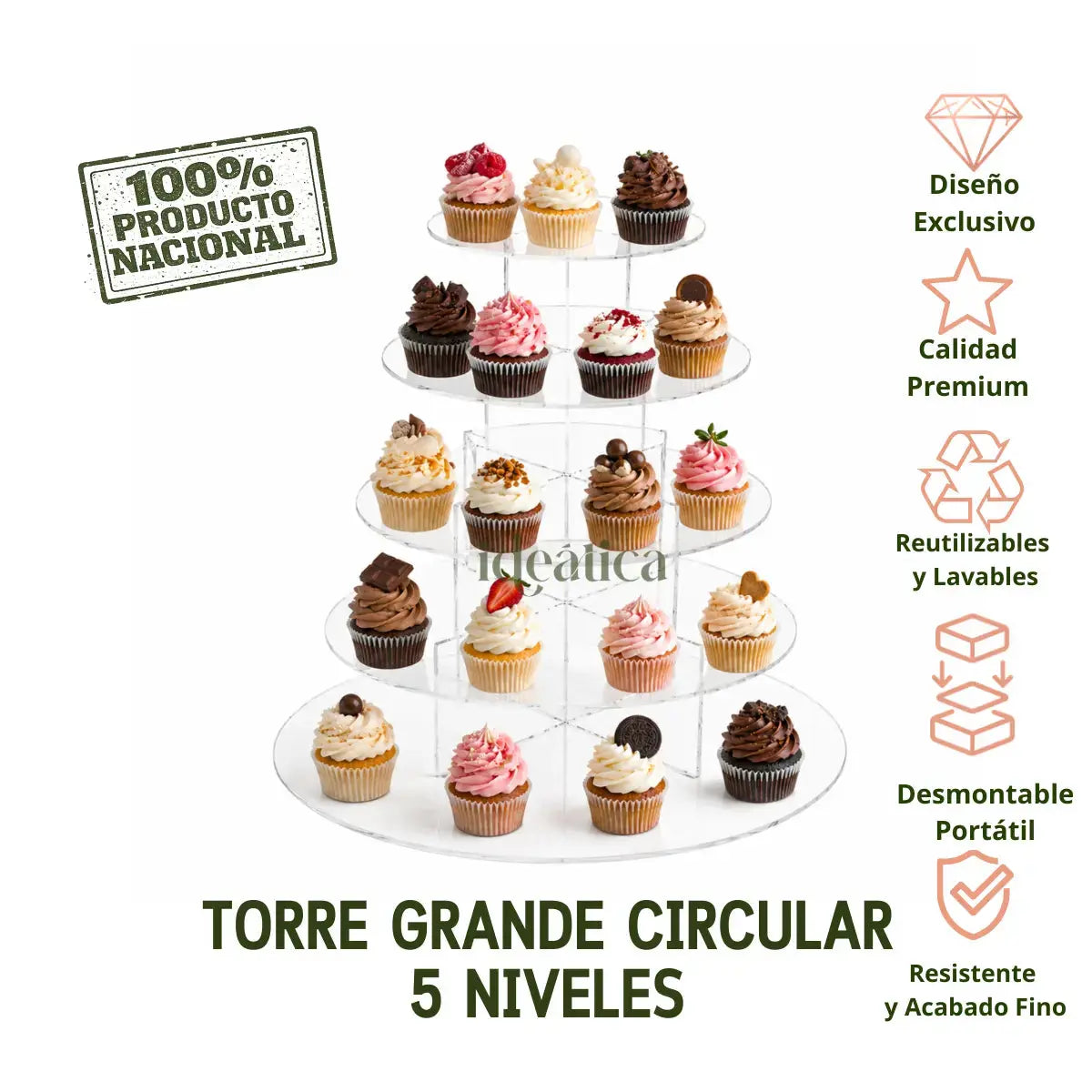 Torre Display Circular 5 Niveles para Cupcakes y Catering Armable Acrilico IA