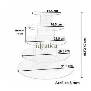 Torre Display Circular 5 Niveles para Cupcakes y Catering Armable Acrilico IA