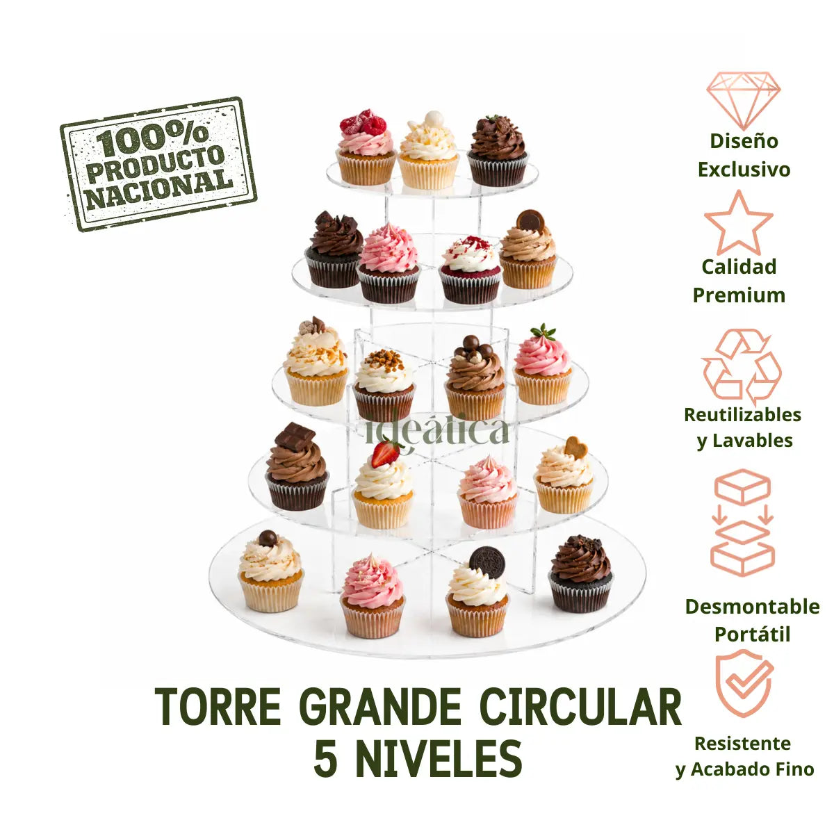 Torre Grande Circular 5 Niveles para Cupcakes Postres y Catering Acrilico