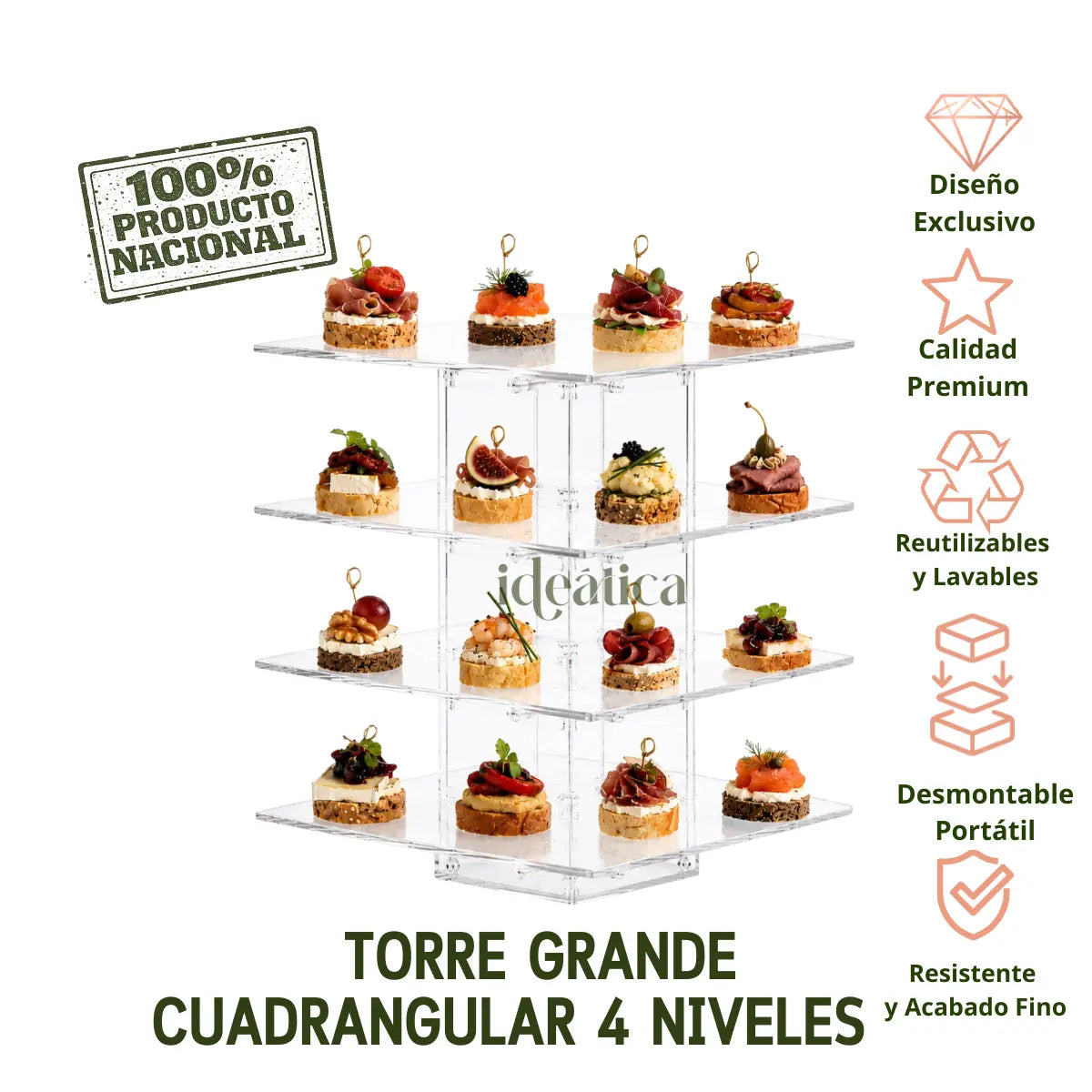 Torre Grande Cuadrangular 4 Niveles para Cupcakes Postres y Catering Acrilico