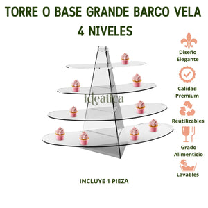 Torre o Base Grande Barco Vela para Cupcakes o Postres de Acrilico Catering 4 Niveles IA