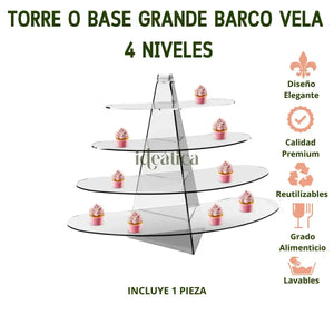 Torre o Base Grande Barco Vela para Cupcakes o Postres de Acrilico Catering 4 Niveles IA