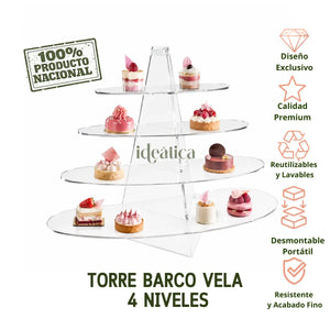 Torre o Base Grande Barco Vela para Cupcakes o Postres de Acrilico Catering 4 Niveles
