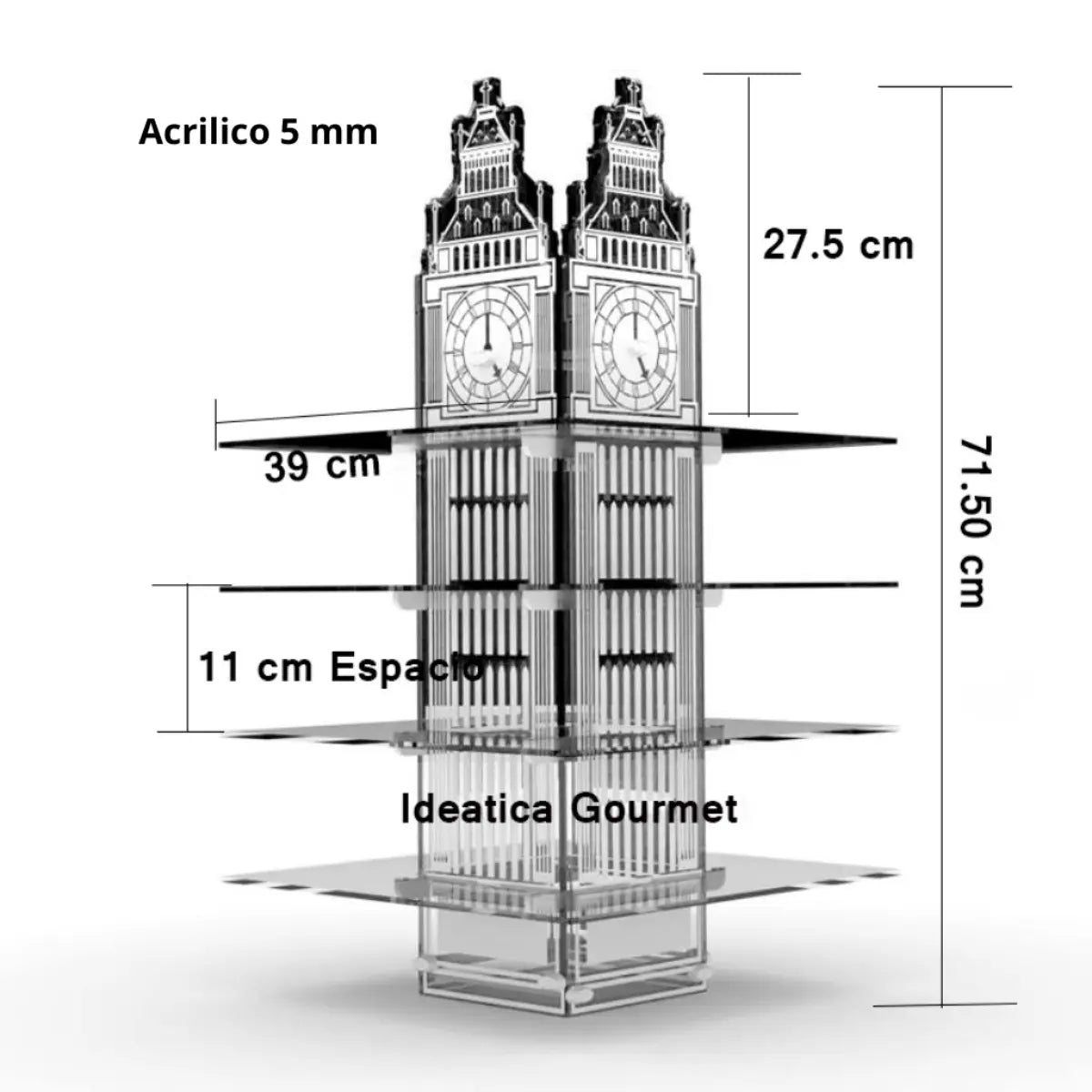 Torre o Base Grande Big Ben para Cupcakes o Postres de Acrilico Catering 4 Niveles IA