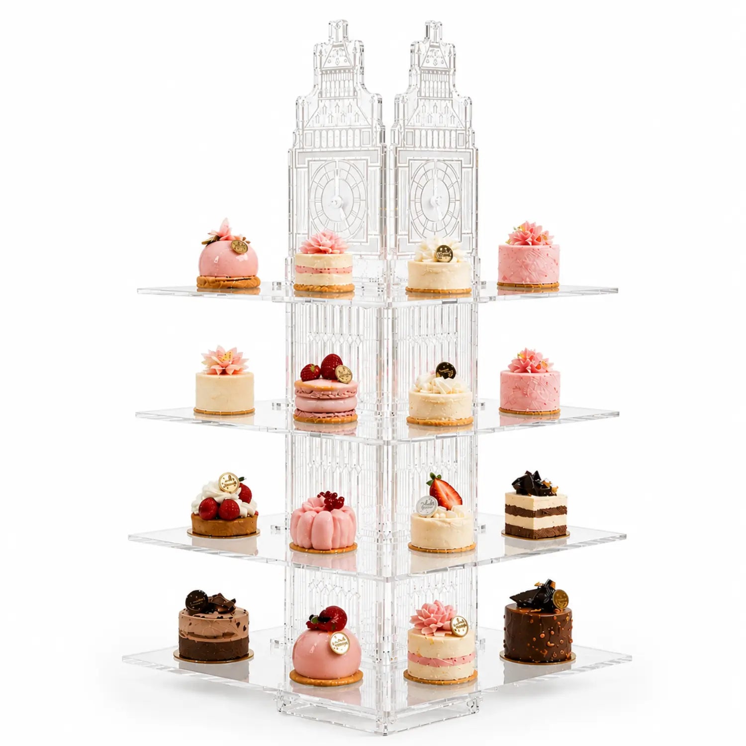 Torre o Base Grande Big Ben para Cupcakes o Postres de Acrilico Catering 4 Niveles