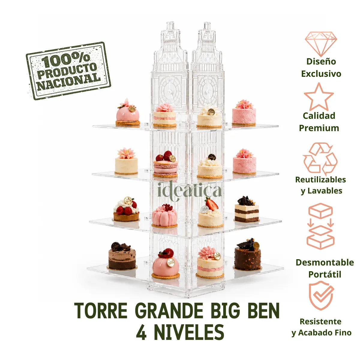 Torre o Base Grande Big Ben para Cupcakes o Postres de Acrilico Catering 4 Niveles
