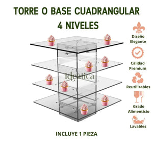 Torre o Base Grande Cuadrangular para Cupcakes o Postres de Acrilico Catering 4 Niveles IA