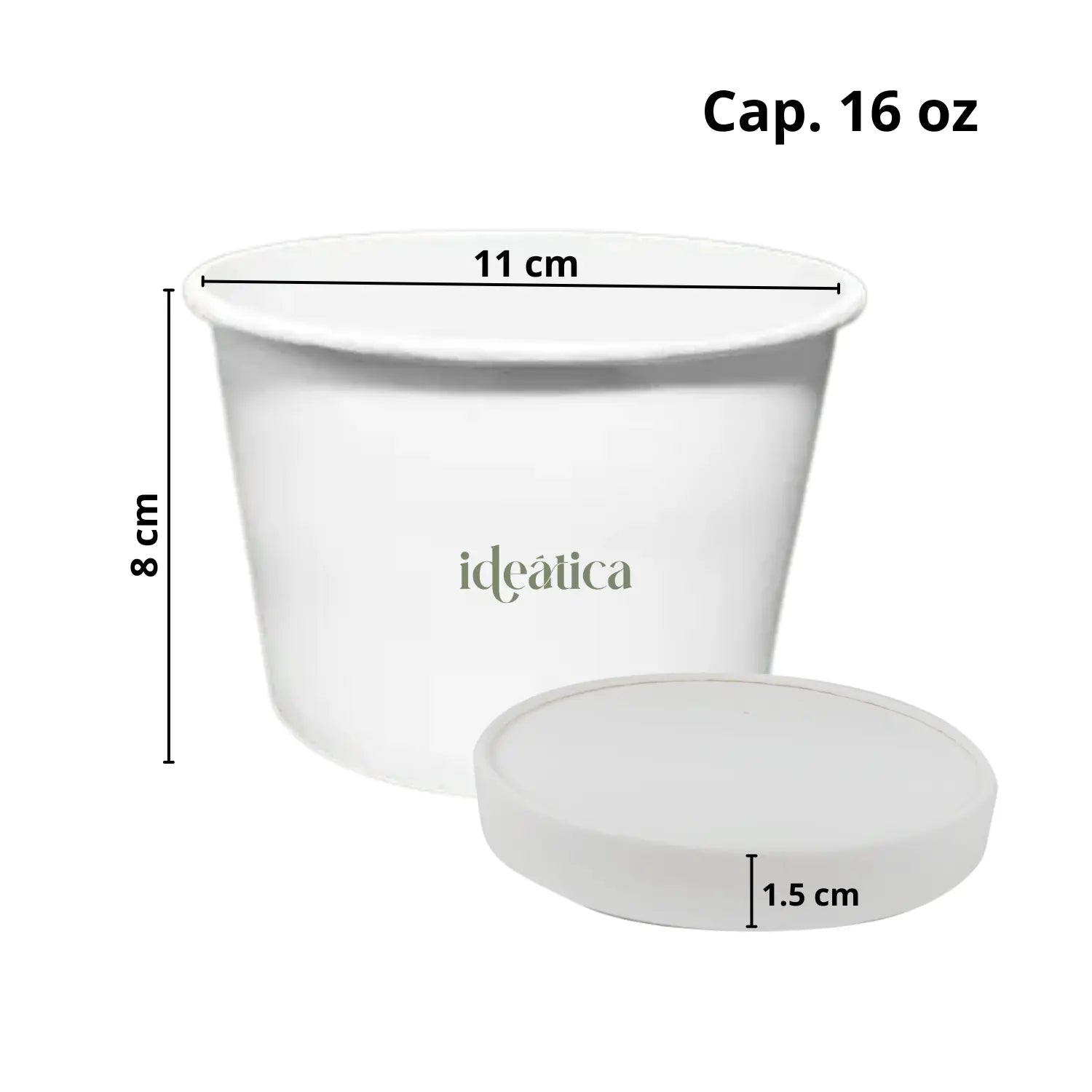 Vaso Contenedor con Tapa Biodegradable Compostable para Sopa, Helado, Alimentos o Comida Papel Encerado 16 Oz / 474 ml - ( 20 Pzas / 100 Pzas ) IN