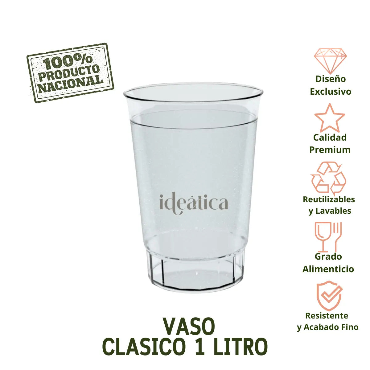 Vaso Grande Clasico para Bebidas Re-utilizable Eventos y Catering 1 Lt IA