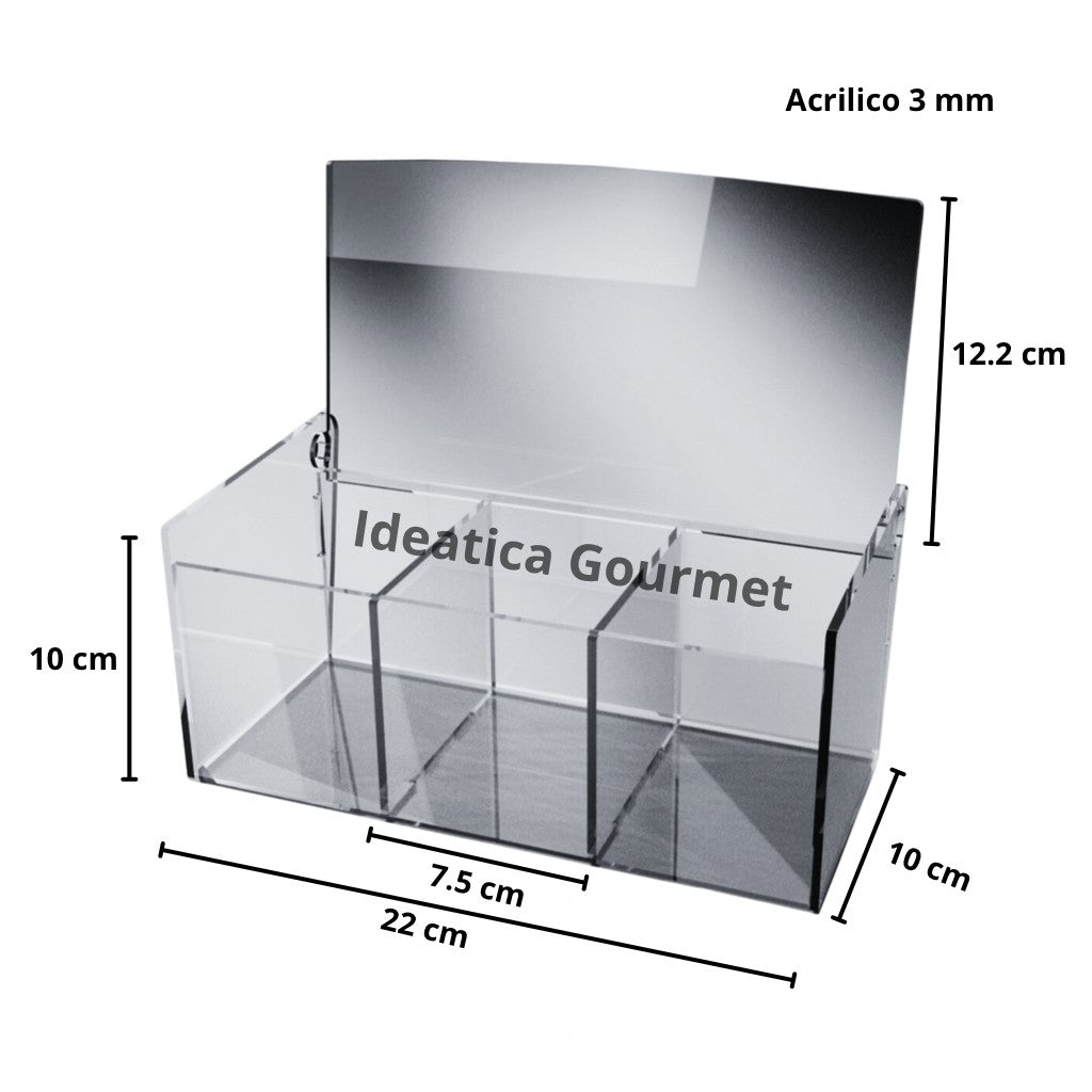 Caja Rectangular de Almacenamiento para Sprinkles, Chocolates, Azucar, Dulces, Té, Cucharitas de Acrílico Candy Bar Catering 3 Compartimientos IA