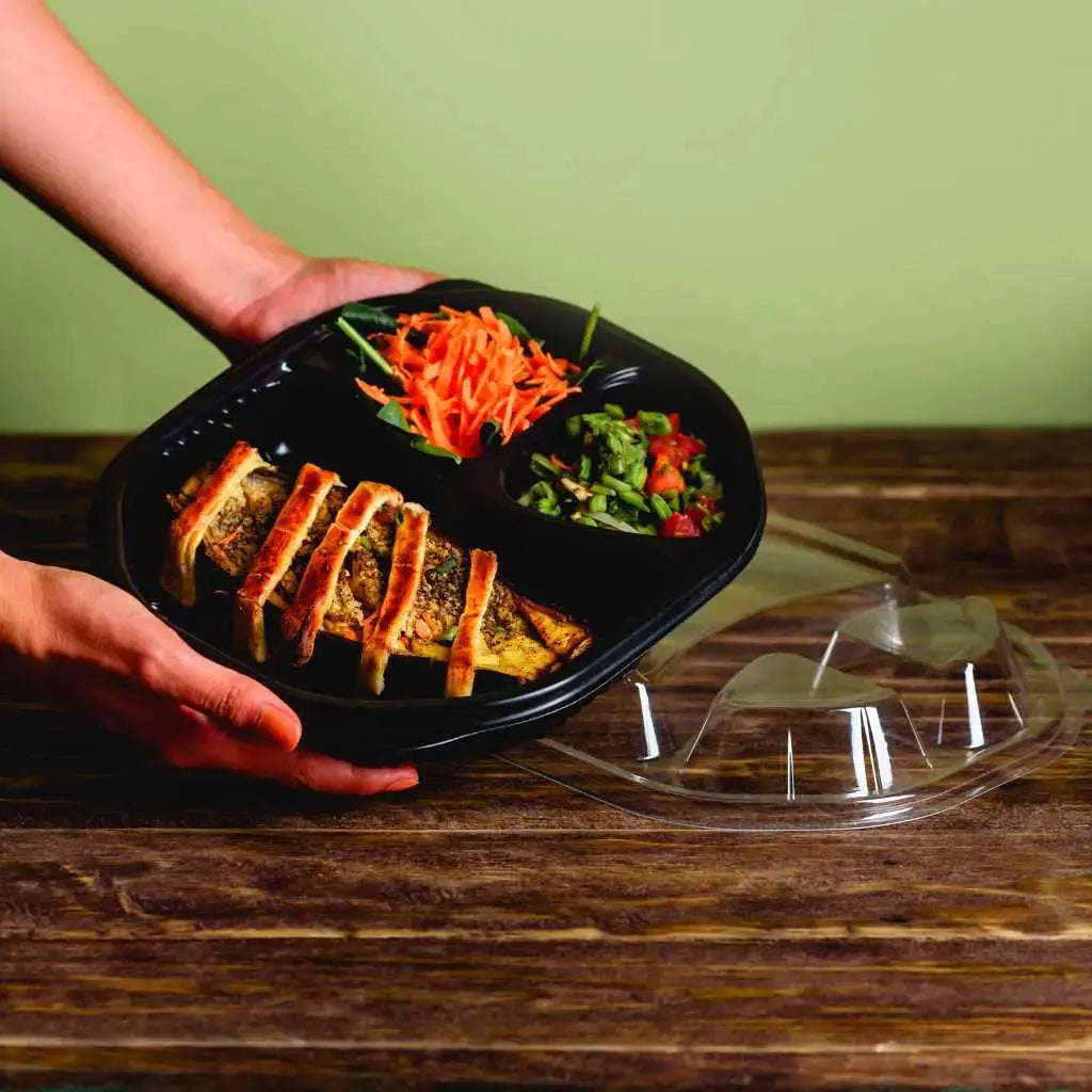 Contenedor con Tapa para Alimentos o Comida Plastico 3 Divisiones Ovalado - ( 10 Pzas / 50 Pzas ) IN