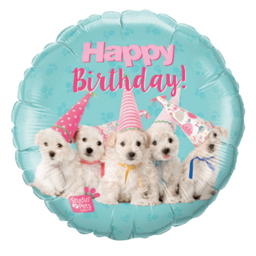 Globo Metálico Redondo de Perritos Cachorros Blancos para Fiestas y Cumpleaños 18 / 46 cm 1 pza Ideática Gourmet