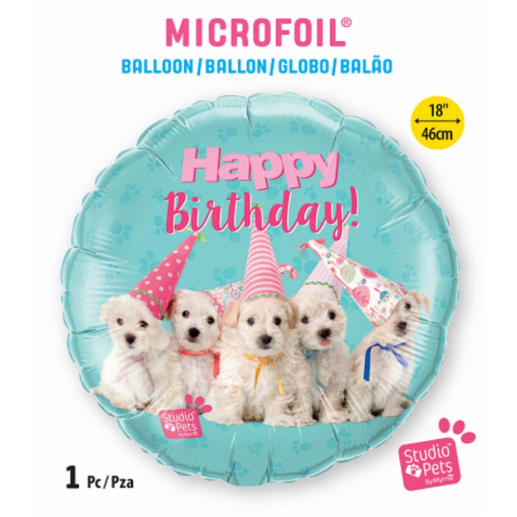 Globo Metálico Redondo de Perritos Cachorros Blancos para Fiestas y Cumpleaños 18 / 46 cm 1 pza Ideática Gourmet