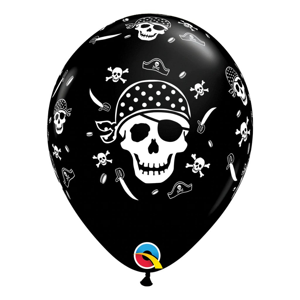 Globo Negro 11" Craneo Pirata y Huesos para Fiestas 10 pzas QUALATEX