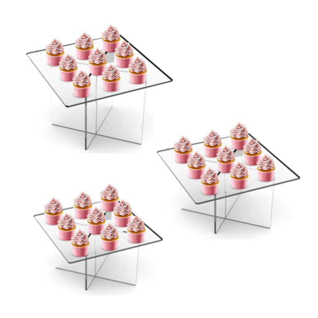 Juego de 3 Bases Alturas para Cupcakes o Postres Cuadrangulares de Acrílico Candy Bar Catering 24, 17 Y 10 cm 3 pzas IA