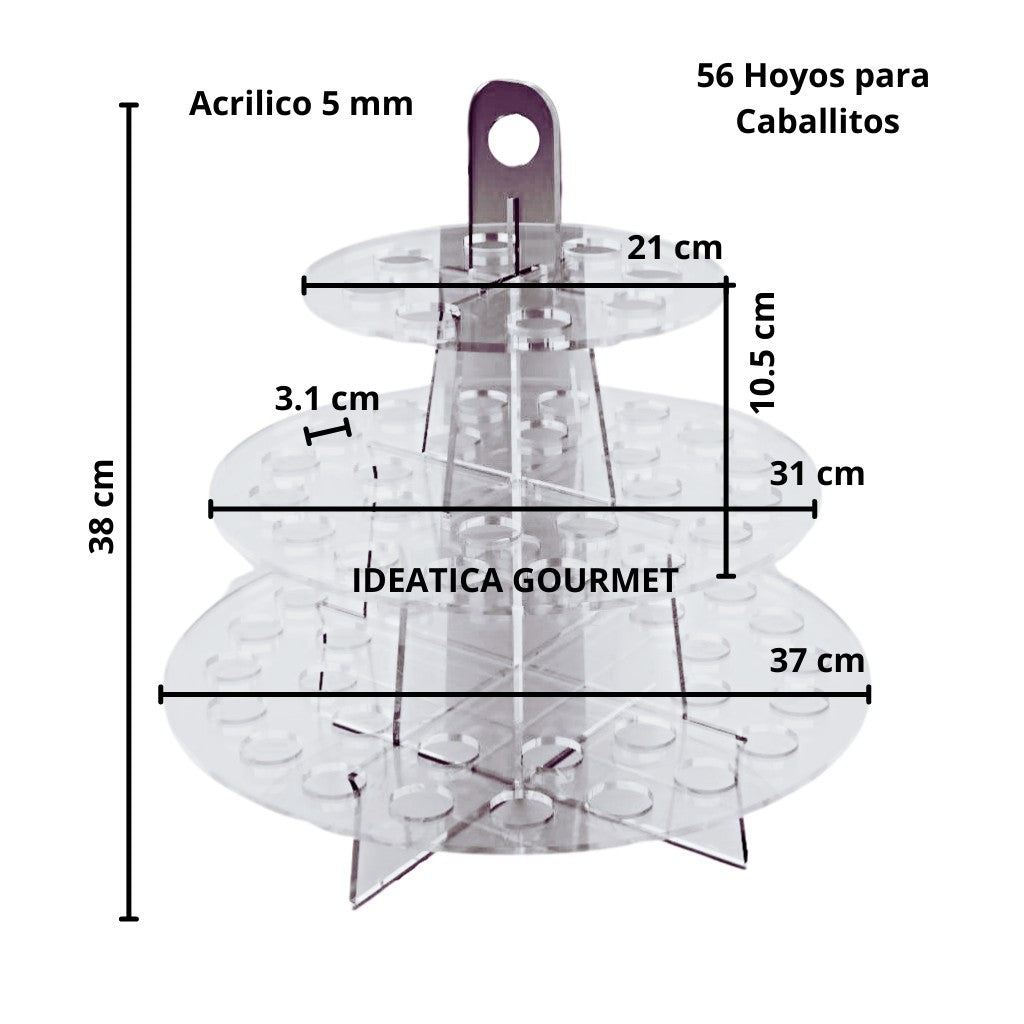 Mini Torre o Base para Caballitos Postre de Acrilico Candy Bar Catering 3 Niveles 56 Hoyos IA